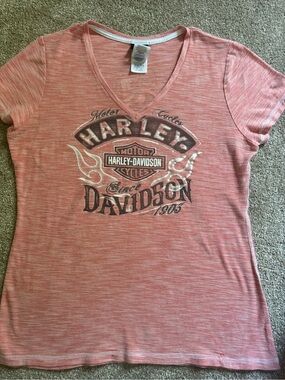 Harley-Davidson Coral and White Striped V-Neck Tee